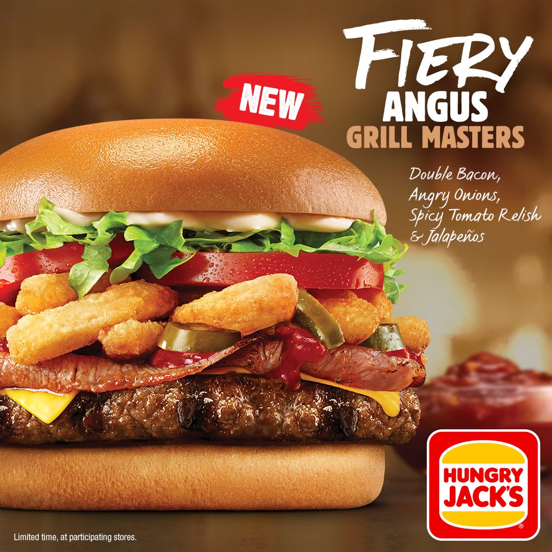 We’re firing up the flavour with our NEW Fiery Angus Grill Masters at Hungry Jack’s! 🔥😮‍💨 Premium, thick, juicy, flame-grilled Angus beef, sizzling bacon, angry onions &amp; spicy tomato relish. 🤩