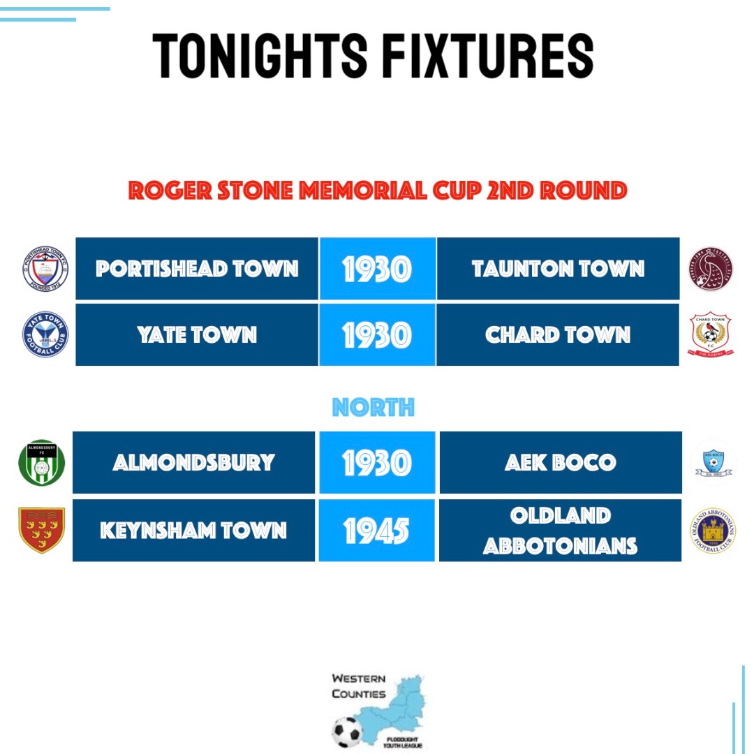 wcfyl's tweet photo. 4 fixtures for you this evening with games in the league cup and North Division.
@PortisheadTown v @TauntonTownFC 
@YateTownFC v @ChardTownFC 
@AlmondsU18 v @AEKBoco 
@KeynshamTownFC v @oldlandafc 

@swsportsnews @NonLeagueFix @NonLeagueCrowd https://t.co/UhX7w9snSs