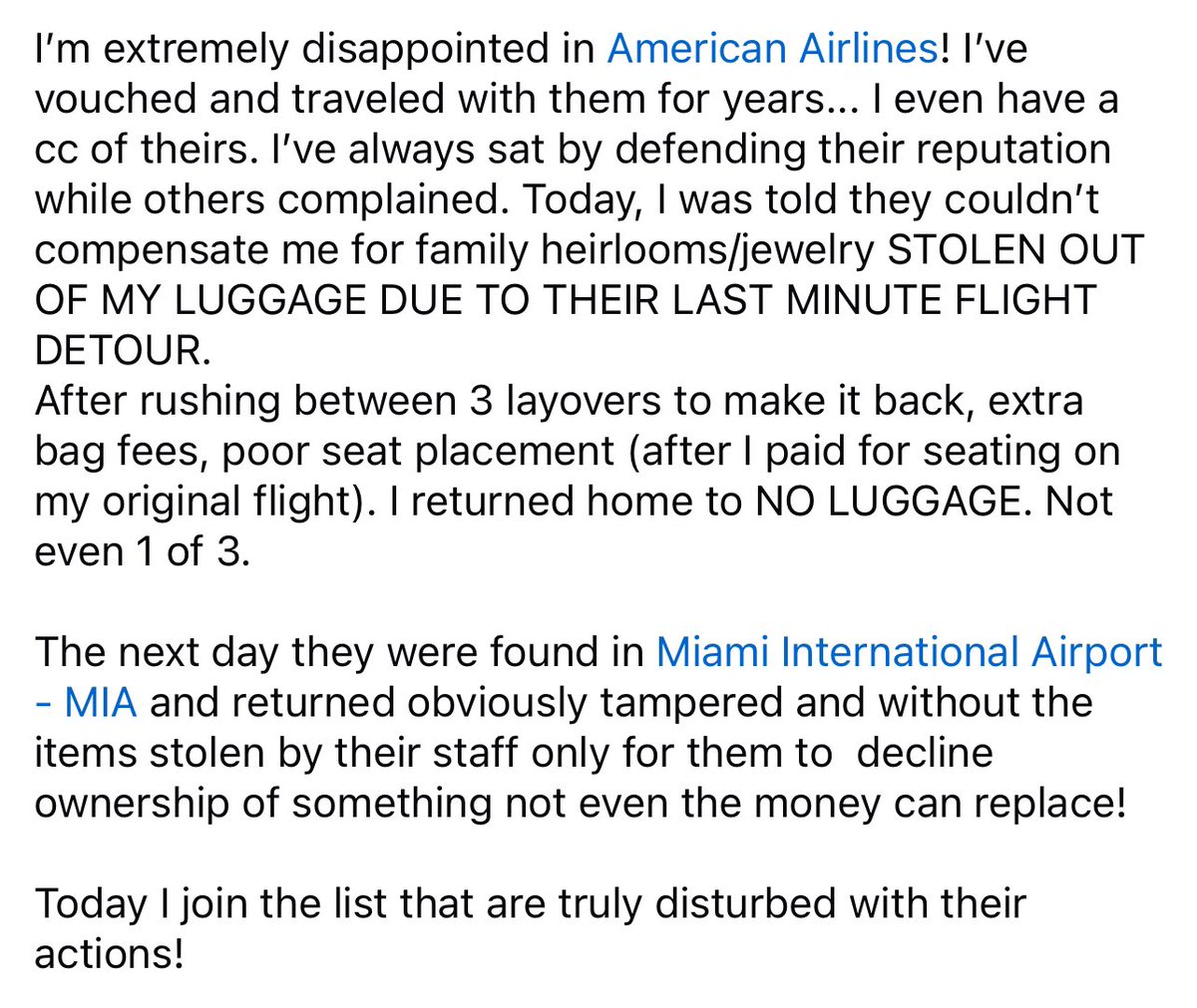 BKlear H2O (@bklearh2o) on Twitter photo Completely disappointed with <a href="/AmericanAir/">americanair</a> , <a href="/miamiairports/">Miami Airport</a>, and staff!
They stole a dead woman’s property and are declining all responsibility! Completely disappointed with <a href="/AmericanAir/">americanair</a> , <a href="/miamiairports/">Miami Airport</a>, and staff!
They stole a dead woman’s property and are declining all responsibility!