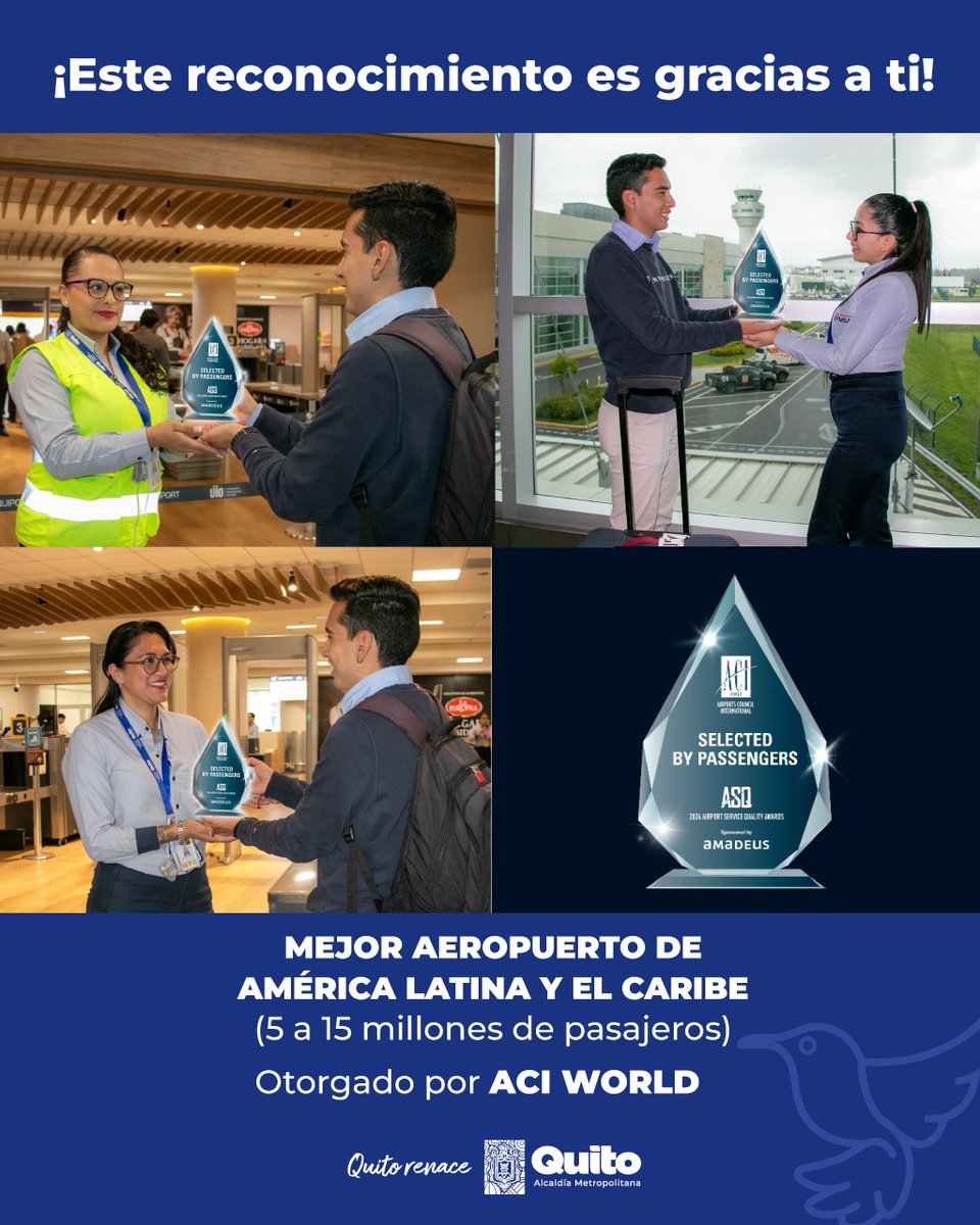 QuitoAeropuerto's tweet photo. ✈️🏆  #Ganamos | ¡Gracias a cada pasajero por su voto de confianza! Hoy, el @AeropuertoUIO ha sido reconocido como MEJOR AEROPUERTO DE A. LATINA Y EL CARIBE (5 a 15 millones de pasajeros), galardón otorgado por @ACIWorld, en los #ASQAwards.

Con servicio de calidad: #QuitoRenace https://t.co/fsRSi9DXhR