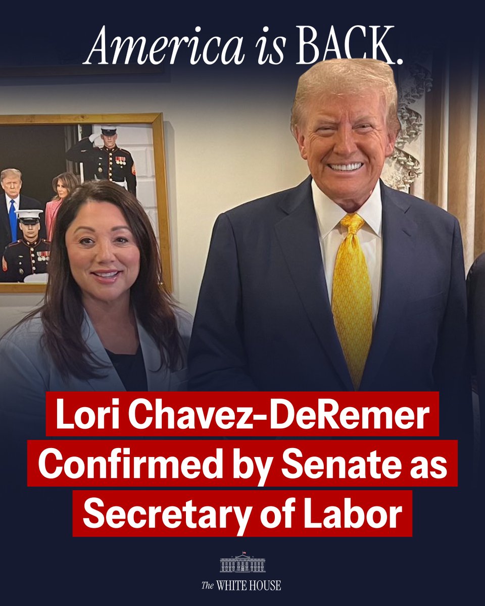 The White House (@whitehouse) on Twitter photo 🇺🇸<a href="/LChavezDeRemer/">Lori Chavez-DeRemer</a>'s confirmation as Labor Secretary is a key step in executing President Trump’s vision for a thriving American workforce.
The Department of Labor will prioritize American workers, foster job growth, and eliminate burdensome regulations that stifle opportunity. 🇺🇸<a href="/LChavezDeRemer/">Lori Chavez-DeRemer</a>'s confirmation as Labor Secretary is a key step in executing President Trump’s vision for a thriving American workforce.
The Department of Labor will prioritize American workers, foster job growth, and eliminate burdensome regulations that stifle opportunity.
