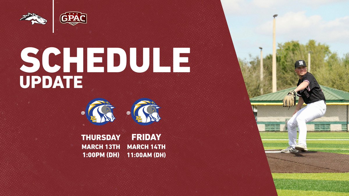 🚨 Schedule Update 🚨

This weekend's opening GPAC series against Briar Cliff has been moved up to Thursday and Friday this week.

Thursday- 1st pitch at 1:00pm

Friday- 1st pitch at 11:00am