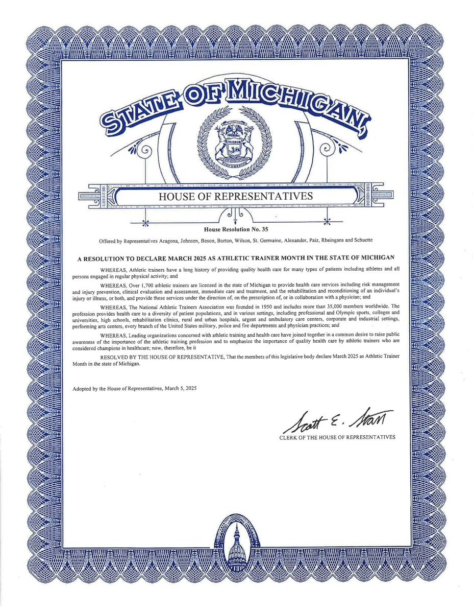 Thanks to House Resolution No. 35, March 2025 has been declared as Athletic Trainer Month in the State of Michigan!