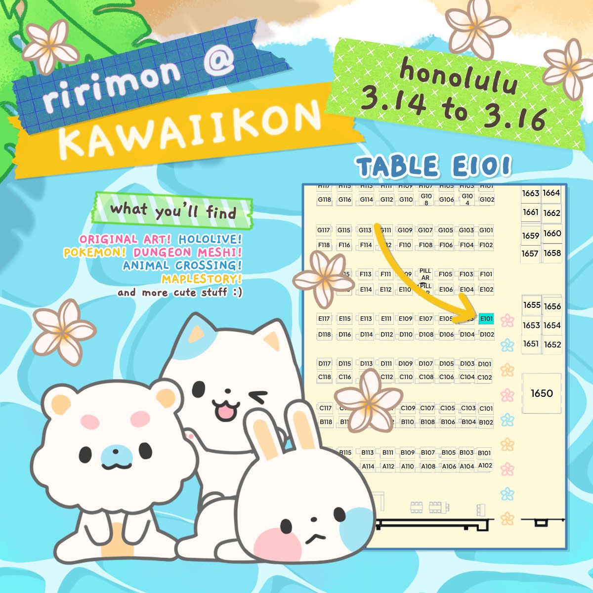ririimon's tweet image. I'll be at #KawaiiKon in the artist alley, booth E101! 🌺 If you bring me li hing mui candy (any), I'll trade you stickers.