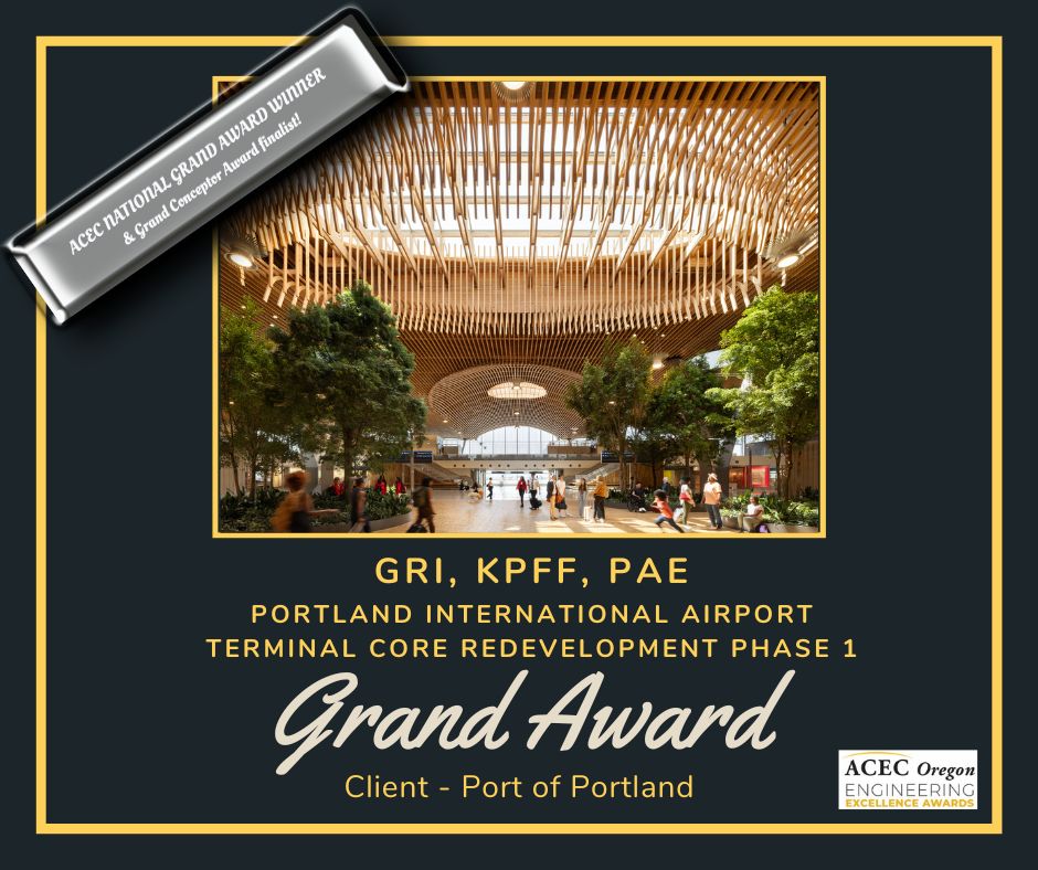 Celebrating our Engineering Excellence Grand Award Winner. Congratulations to GRI, KPFF &amp; PAE for their project: Portland International Airport Terminal Core Redevelopment!! This is the largest public works project in Oregon history.  See the project here: vimeo.com/1056946512