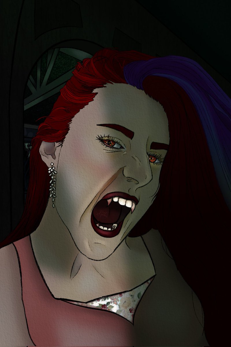 ImUrMother22's tweet photo. Self-portraits are what I avoid as best I can, finding it hard to replicate myself when I can barely see and remember what I look like despite a mirror or reference. I built up the courage to try to draw myself again so here is my myself with a little vampy twist.

#Vampire #art https://t.co/HQ8J10kuyH