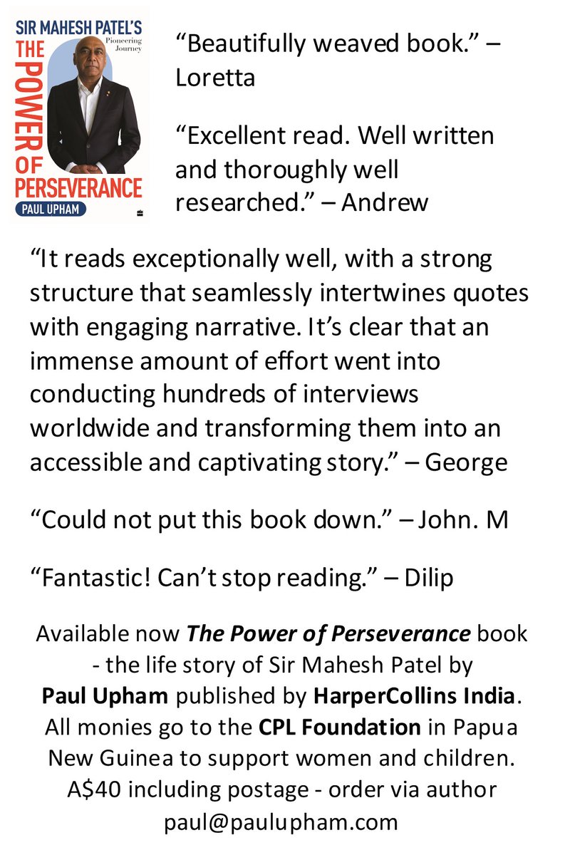 pauljupham's tweet photo. First #book reviews - available now #ThePowerofPerseverancebook - life story of #SirMaheshPatel by @pauljupham published by @HarperCollinsIN. A$40 including postage - order via author paul@paulupham.com - #PaulUphamBookTour #PaulUpham #ThePowerofPerseveranceBook #SMPbook #India https://t.co/EqTZeLGc6G