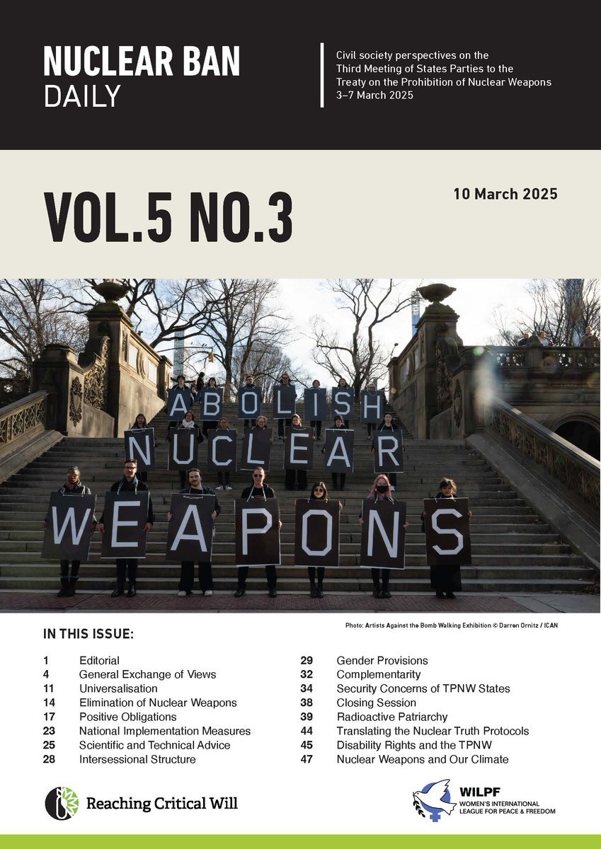 The Treaty on the Prohibition of Nuclear Weapons wrapped its meeting on Friday. Check out the Nuclear Ban Daily for reflections on the general exchange of views and thematic discussions, as well as feature articles from various activists + academics! 📰: reachingcriticalwill.org/images/documen…