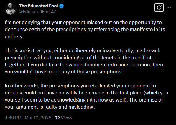 EducatedFool47's tweet photo. In less than 48 hours of joining X, I have been blocked by @paleochristcon after I challenged him to refute the arguments in an article I wrote. In said article, I deconstructed the case for Christian Nationalism over Secular Humanism he made during a debate against @FTFEofficial (link to debate: https://t.co/TG6kPPMyKT).

He read the first half or so of the article before responding to me on X, claiming that I mischaracterized his arguments. I replied with my counter argument, which he has yet to address as of posting this.

Later that same day, I posted a link to my article under one of his posts. A verbal scuffle ensued, in which his followers dogpiled me with insults in a vain attempt to heal the wounded pride of their leader. After deflecting each of them with facts and logic, the big dog himself appeared.

But Andrew had little to no bark—let alone fight—left to give.

He reiterates his earlier claim of me mischaracterizing his arguments. Then he blocks me, just as I was about to post my reply.

He also states that I am “farming for engagement hoping” his audience will read my article. This is not entirely untrue, but my main intent had been to see whether or not Andrew could present a strong rebuttal to the points I made in my article.

Needless to say, I am quite disappointed that the self-proclaimed “Bloodsports Debater” resorted to blocking me after being confronted with a well-thought-out, viewpoint opposed to his. All because I struck a nerve with him and his followers, or because he did not want to risk jeopardizing his brand and business by engaging with content that criticizes and breaks down his bad-faith approach to intellectual discourse.

For those interested in reading my article, here is the link to it: https://t.co/KPnuVhZs90

Dismantling the arguments made by charlatans, who have a slightly above average IQ at best, is not my proudest accomplishment. Nevertheless, I felt compelled to do so, given the concerning number of ill-informed people on the Internet who are unable to recognize and see through the bad faith debate tactics of pseudo intellectual showmen like Andrew.

I hope this interaction is as educational and entertaining for you as it was for me.