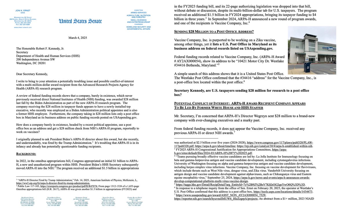 SenJoniErnst's tweet photo. A vaccine company registered to a PO Box — and run by two former Biden staffers — got $28 million in the final months of the Biden admin, and that seems fishy.
 
I’ve asked @SecKennedy to get the American people answers and end the practice of government slush funds! https://t.co/2gahwCBMg5