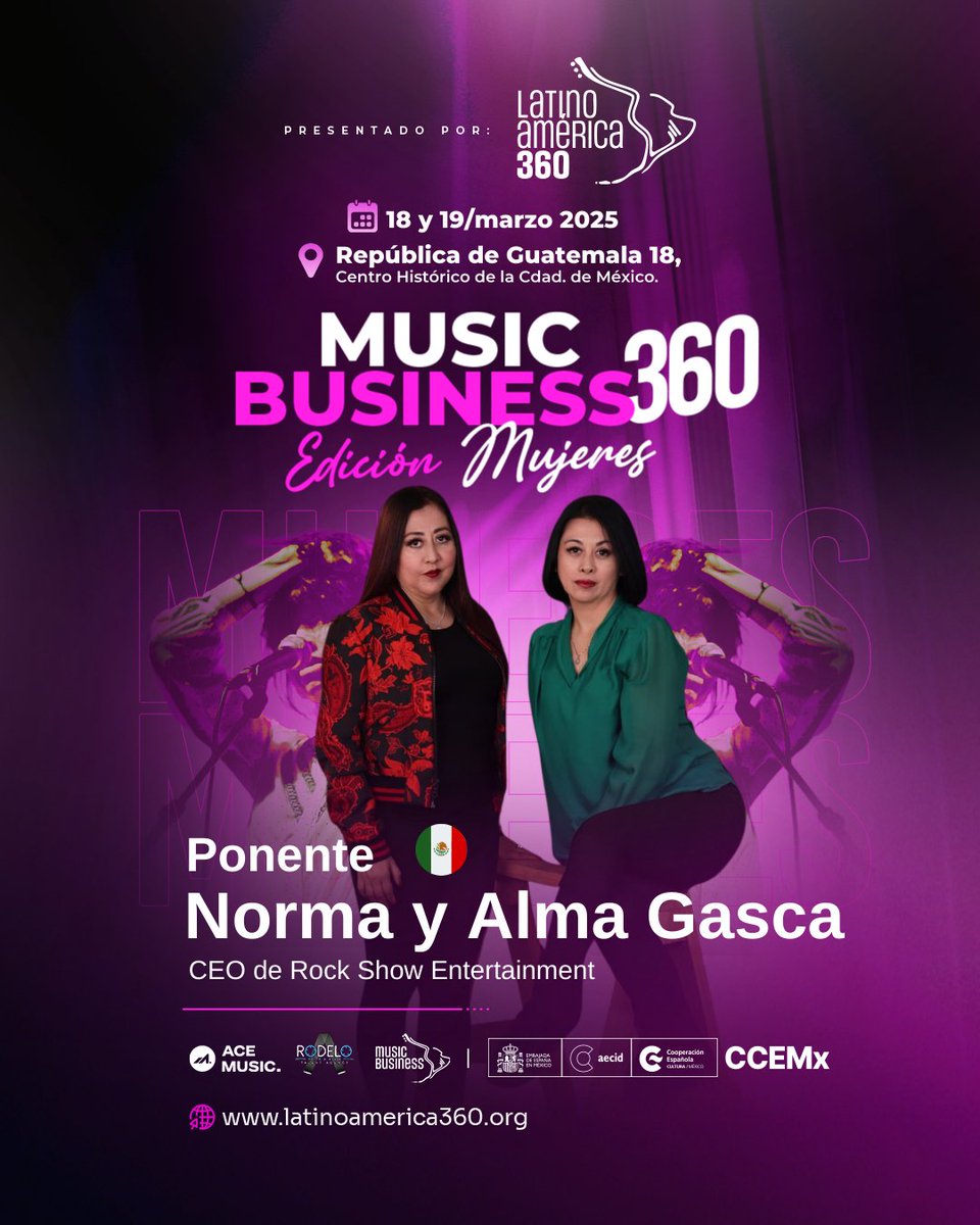 LaMusica360's tweet photo. ¡Music Business 360 – 1ª Edición Mujeres! 
Norma Gasca y Alma Gasca (Rock Show Entertainment) compartirán su experiencia en desarrollo de artistas y producción de conciertos.
🗓 19 de marzo | 📍 CCEMx | ⏰ 15:20 hrs
¡No te lo pierdas! 

#MB360ediciónmujeres
#Latinoamerica360 https://t.co/35IJlecx3R