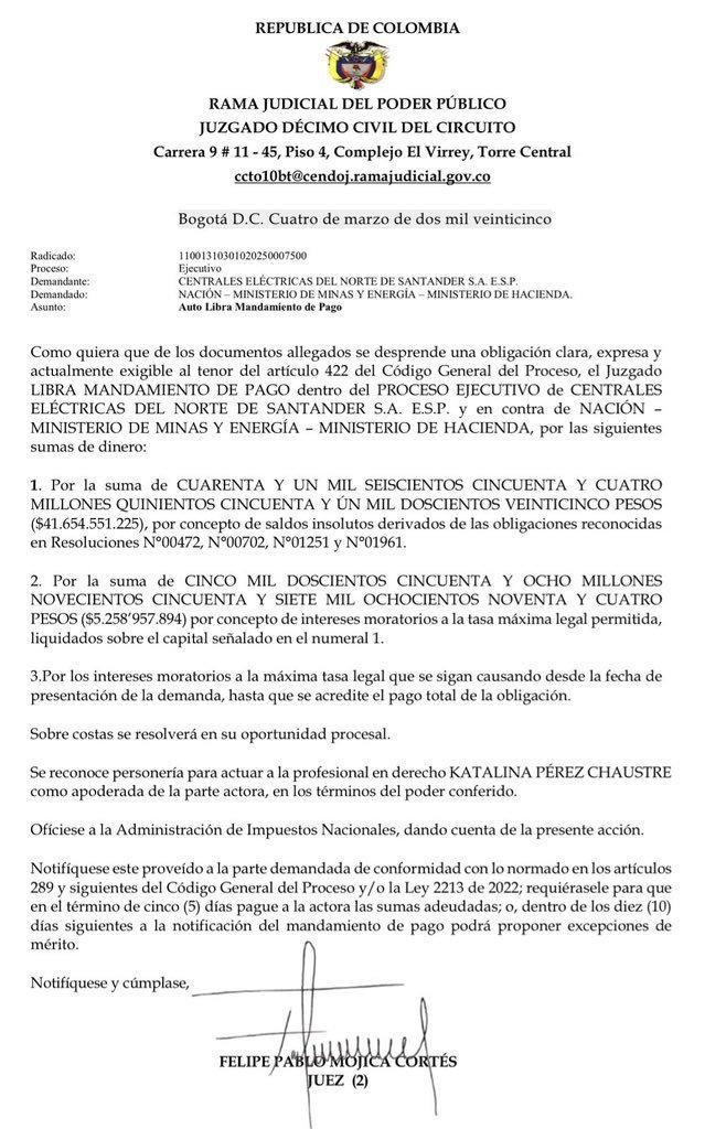 larepublica_co's tweet photo. #Atento | El Juzgado Décimo Civil de Bogotá ordenó al Gobierno, a través de los ministerios de Minas y Energía y de Hacienda, pagar la deuda que mantiene con Centrales Eléctricas del Norte de Santander S.A. E.S.P., filial de Empresas Públicas de Medellín, EPM https://t.co/9mkk0ahiWs