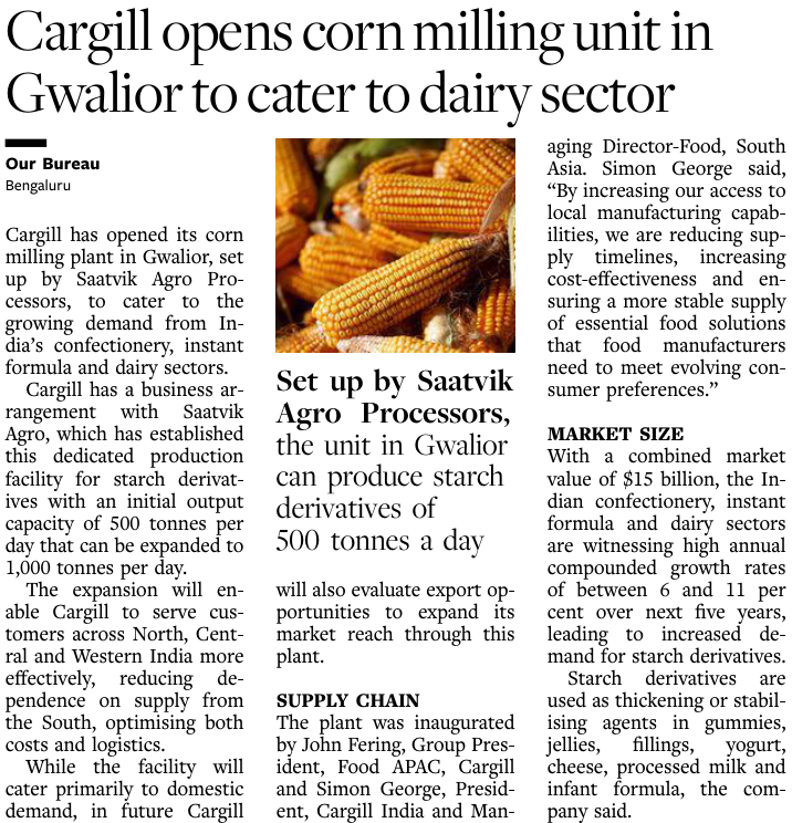 MPFastForward's tweet photo. "मध्यप्रदेश के ग्वालियर में Cargill ने खोला नया कॉर्न मिलिंग प्लांट! 🌽 यह यूनिट डेयरी, कन्फेक्शनरी और इंस्टेंट फूड सेक्टर की बढ़ती मांग को पूरा करेगी। #मध्यप्रदेश #ग्वालियर #किसान #डेयरी #फूडप्रोसेसिंग #Cargill #MPGrowth" https://t.co/jzOiiq0eAz