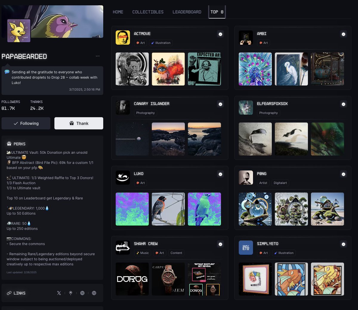 Ok this was tricky but I've selected a Top 8

Tried to highlight some favorites across mediums who have dropped fairly recently

Thanks <a href="/drip_haus/">DRiP 💧</a> for the opportunity to highlight fellow creators I love!

<a href="/MabalMovement/">MABAL MOVEMENT.by ACTMOVE</a> 
<a href="/Ambi_eth/">Ambi |🟧 FEELINGS RELEASED 🟧|</a> 
<a href="/canary_islander/">Canary Islander</a> 
<a href="/elfearsfoxsox/">🌿𝔈𝔩𝔣𝔢𝔞𝔯𝔰𝔣𝔬𝔵𝔰𝔬𝔵🌿</a> 
<a href="/lukoart_/">ʟᴜᴋᴏ</a>