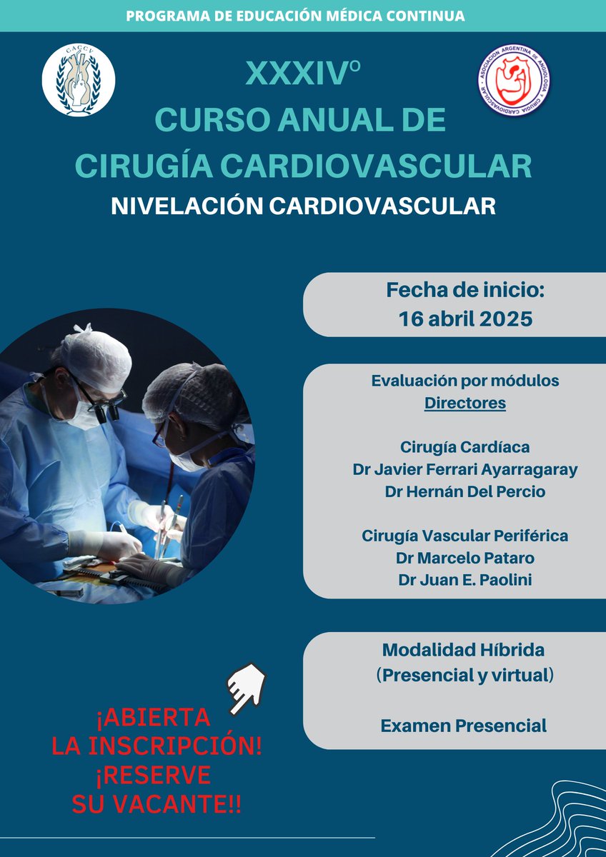 caccvargentina's tweet photo. CURSO ANUAL DE CIRUGIA CARDIOVASCULAR
¡ABIERTA LA INSCRIPCION!
👉 https://t.co/nyqZupEu8T https://t.co/BWZB1IHQ7H