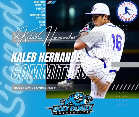 Congratulations to this special young man.

Kaleb Hernandez has committed to Holy Family University. 

A 2025 RHP from Miami, FL Kaleb has a strong track record during his High School career. Strike thrower will be coming going in to compete for a job.

Congratulations <a href="/KalebH_16/">Kaleb Hernandez</a>