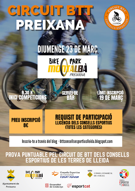Un any més arrenca el Circuit BTT de les Terres de Lleida amb la primera prova: BTT PREIXANA
📍Bike Park Montalbà 
🗓️diumenge 23 de març
🕘9.30h
+ Info i inscripcions a …tconsellsesportiuslleida.blogspot.com/p/preixana-23-…
#consellsesportius #esportescolar #esportpopular #esportcat