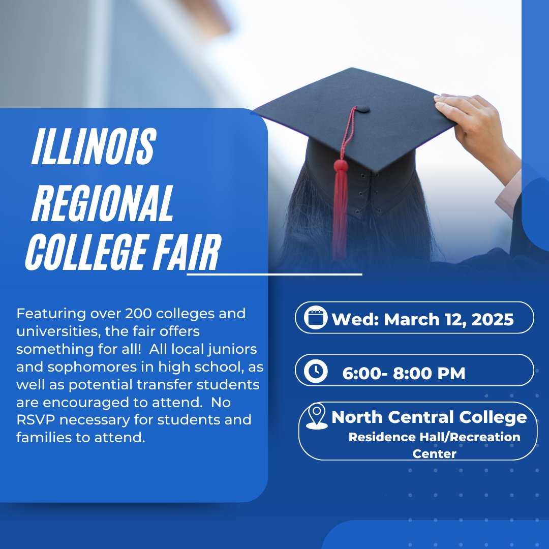 The Illinois Regional College Fair, held at North Central College, is coming up this Wednesday, March 12!  Students can register via Strive Scan to easily share their information with colleges and universities. Visit northcentralcollege.edu/admissions/vis… for more information.
