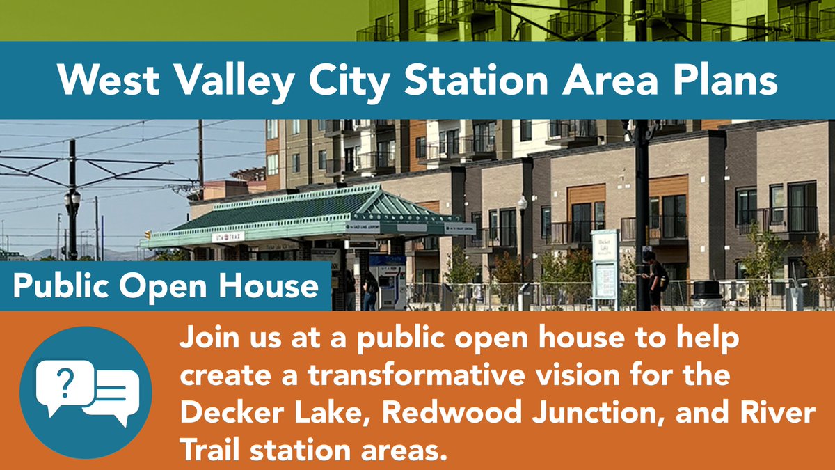 Join us for a public open house! Help us create a vision for the Decker Lake, Redwood Junction, and River Trail TRAX Green Line station areas.

Monday, March 24, 4 - 7 PM at the Utah Cultural Celebration Center, 1355 W 3100 S.

For more info visit WVCStationPlans.com.