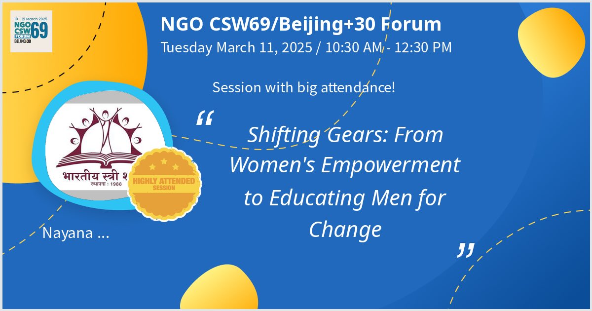 I will give a talk at NGO CSW69/Beijing+30 Forum on Shifting Gears: From Women's Empowerment to Educating Men for Change. Hoping for a great turnout! #NGOCSW69 - via #Whova event app