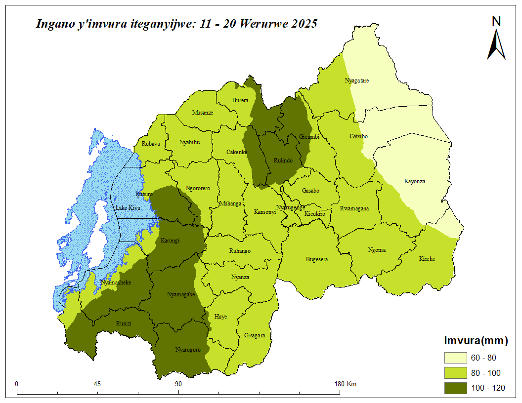 MeteoRwanda's tweet photo. 11-20 WERURWE 2025 HATEGANYIJWE:
•Imvura iri hagati ya milimetero 60 na 120. 
•Ubushyuhe  bwo hejuru buzaba buri hagati ya dogere Selisiyusi 20 na 32. 
•Umuyaga uringaniye ushyira kuba mwinshi ufite umuvuduko uri hagati ya metero 4-10/s➡️https://t.co/J2Y0gDwKrs
📲6080 https://t.co/1aSJmP70gs