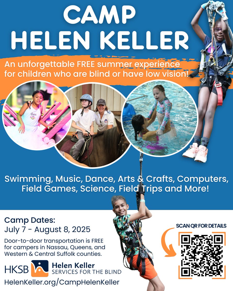 Registration is OPEN for Camp Helen Keller 2025! This FREE summer program for children who are blind or have low vision blends learning and fun, with thoughtfully adapted activities designed to build confidence.  

#CampHelenKeller 

Register at helenkeller.org/camphelenkelle…