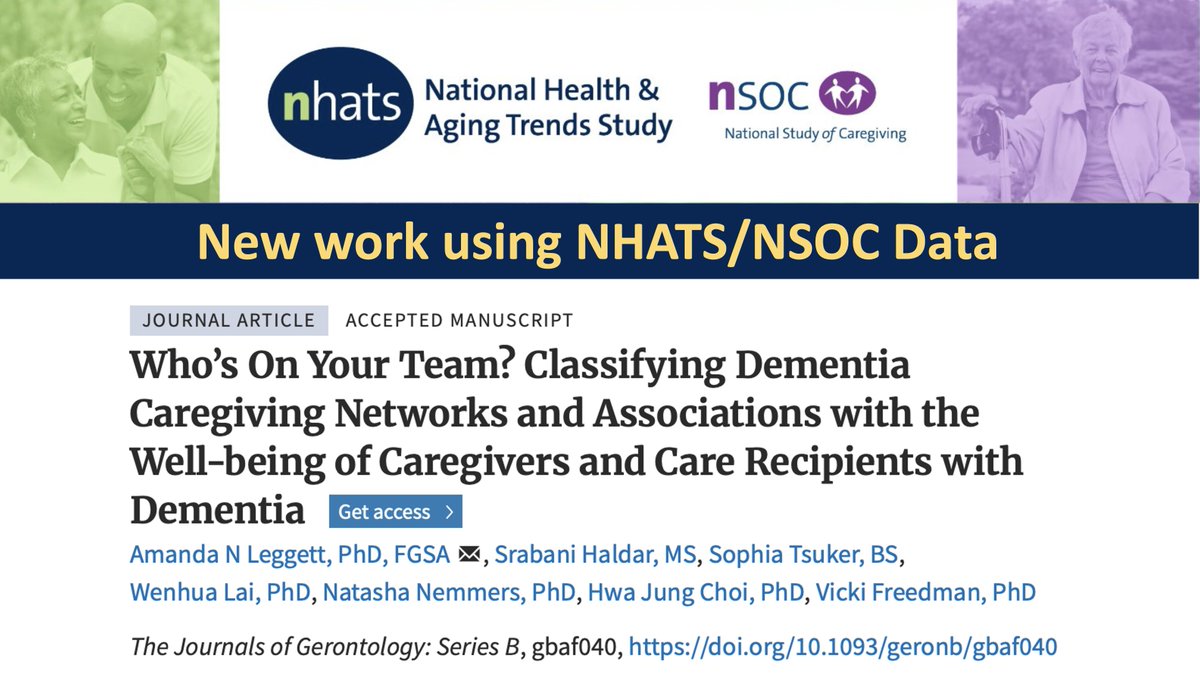 New work using #NHATS/#NSOC data by Dr. Amanda Leggett et al. in The Journals of Gerontology, Series B: 

Who's On Your Team? Classifying #Dementia #Caregiving #Networks and Associations with the #Wellbeing of #Caregivers and Care Recipients with Dementia

"Three network types