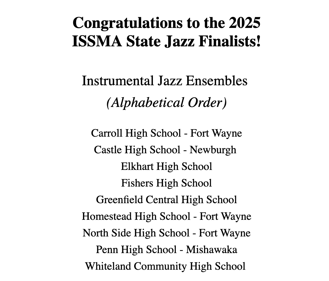 Congratulations to our Jazz Band 1 on their qualification for ISSMA Jazz State Finals! This is the 1st time we have  qualified for this prestigious event following a terrific performance last Friday. We're excited to share the stage with 8 outstanding programs on 3/21 at Pike HS!