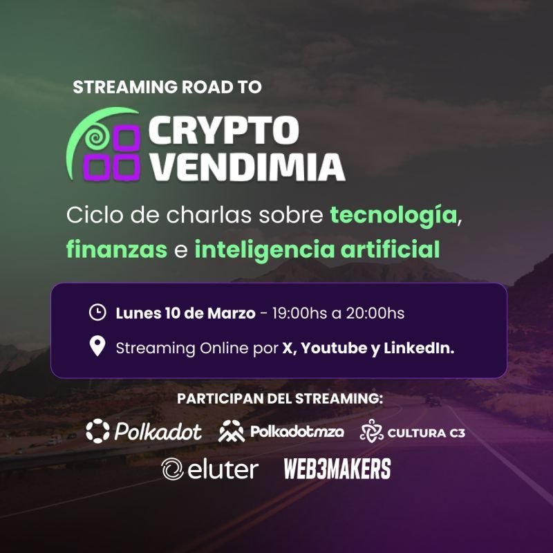 VendimiaTech's tweet photo. ¡Se viene la previa de CryptoVendimia! 🔥

Antes del gran evento, nos juntamos en un Space en vivo para compartir novedades y todo lo que necesitas saber sobre la edición 2025 de CryptoVendimia 🍷

📅 Lunes 10 de marzo
⏰ 19:00 - 20:00 hs (ARG)
📍 X, LinkedIn, YouTube

🎙️ Temas que vamos a conversar:

 🔹 Agenda y novedades: todo lo que se viene en el evento.
 🔹 Ecosistema tech de Mendoza: oportunidades y crecimiento.
 🔹 Conexión con comunidades Web3: cómo potenciar la innovación y colaboración.

🌐 Participan:
 @ArtuGrande por @Eluterapp 
@mattsanto_  de @PolkadotMendoza 
@andresanemic y @PolkadotEspanol 
@juanipodestaXO por @cultura_c3 y @beexowallet 

🔔 No te pierdas la oportunidad de conocer de primera mano cómo la fusión entre vino y tecnología está transformando Mendoza.💡