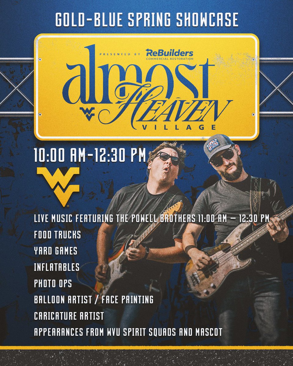 Spring Showcase tickets are now available‼️

Claim your 𝗳𝗿𝗲𝗲 tickets today → and get there early on April 5 to see the <a href="/BrothersPowell/">The Powell Brothers</a> headline the Almost Heaven Village Kickoff Concert 🎶

💻: wvusports.com/feature/FBSpri…
🎟️: fevo-enterprise.com/event/Wvufootb…