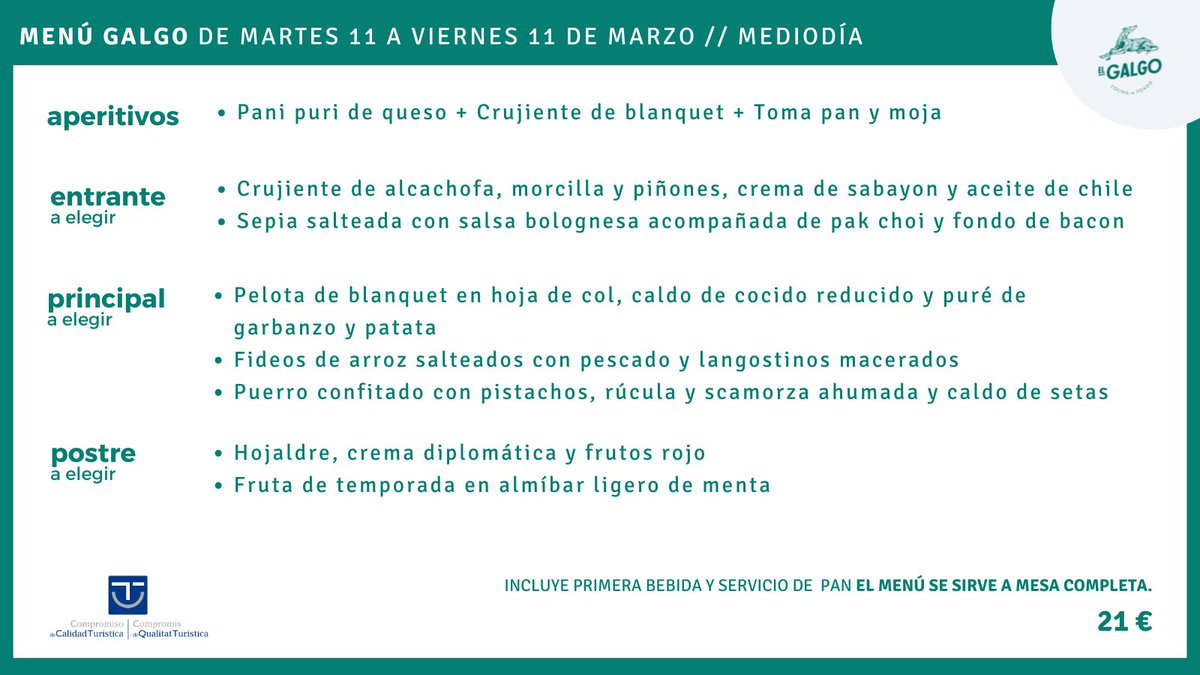 elgalgoelche's tweet photo. [Menú semanal] Esta es nuestra propuesta para los mediodías de martes 11 a viernes 14 de marzo. Os esperamos.

📖 Reservas
💻 >> https://t.co/dvg277Cp7D
📱>> Whatsapp en el 691 84 67 23 https://t.co/UzNFE0O3uB