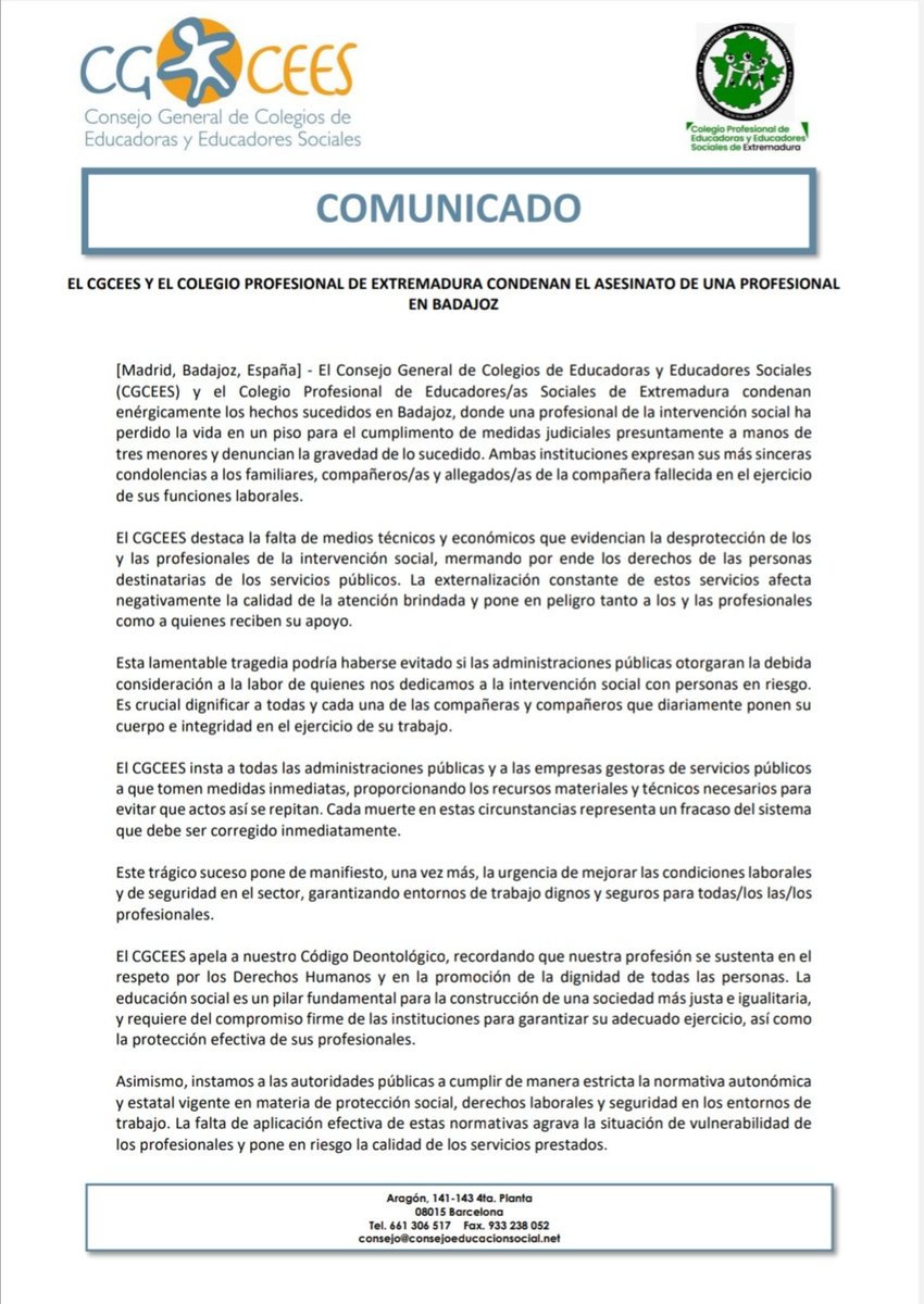 " La 
educación social es un pilar fundamental para la construcción de una sociedad más justa e igualitaria, 
y requiere del compromiso firme de las instituciones para garantizar su adecuado ejercicio, así como 
la protección efectiva de sus profesionales" #Extremadura #Eduso