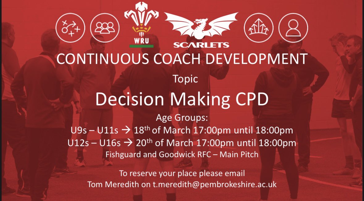 Thomas Meredith (@tom_meredith_) on Twitter photo 🚨 CCD Opportunity 🚨
Topic - Decision Making
Sign up by using the email shown on the poster! 🏉
<a href="/WRU_Scarlets/">WRU/SCARLETS - UN CYMUNED</a> <a href="/aledparry/">Aled Parry WRU Coach Ed 🏴</a> 🚨 CCD Opportunity 🚨
Topic - Decision Making
Sign up by using the email shown on the poster! 🏉
<a href="/WRU_Scarlets/">WRU/SCARLETS - UN CYMUNED</a> <a href="/aledparry/">Aled Parry WRU Coach Ed 🏴</a>