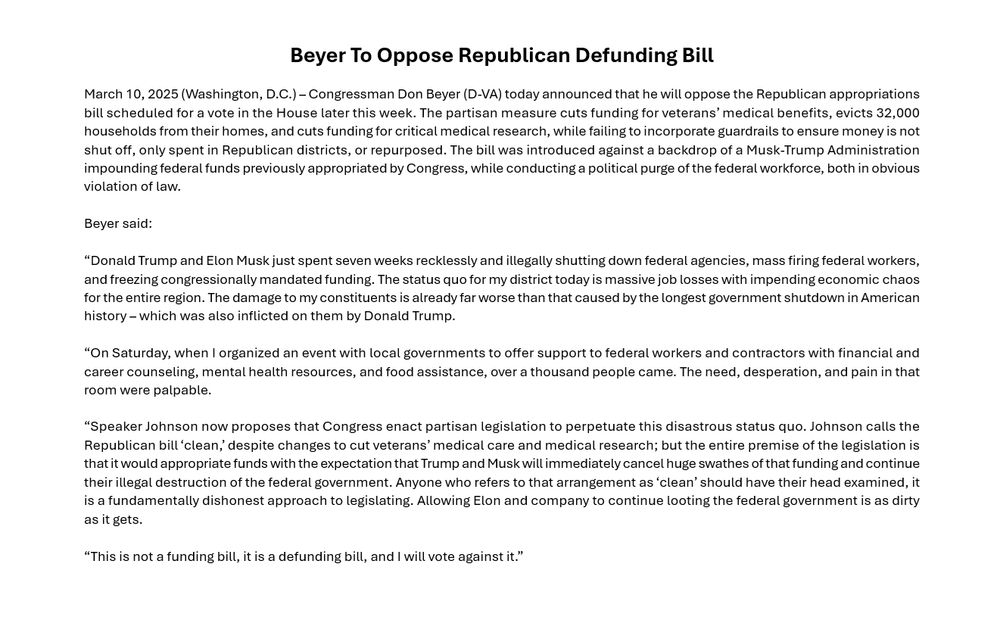 RepDonBeyer's tweet photo. Trump and Musk are illegally shutting down federal agencies, mass firing federal workers, and freezing congressionally mandated funding.

It's causing massive job losses and economic chaos for my constituents, and the Republican CR would continue this disaster.

I will vote no. https://t.co/1dz5lEH72e