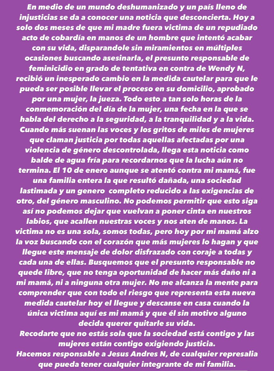 <a href="/MiguelMery/">Miguel F. Mery Ayup</a> Necesitamos justicia, Jesús Andrés N, no puede estar en su casa después de haber atentado contra la vida de mi mamá, la necesitan muerta para poder dejarlo en la cárcel? La quiero viva!💜#justiciawendydiaz <a href="/manolojim/">Manolo Jiménez Salinas</a> <a href="/FGECoahuila/">FGE Coahuila</a> <a href="/GobDeCoahuila/">Gobierno de Coahuila</a>