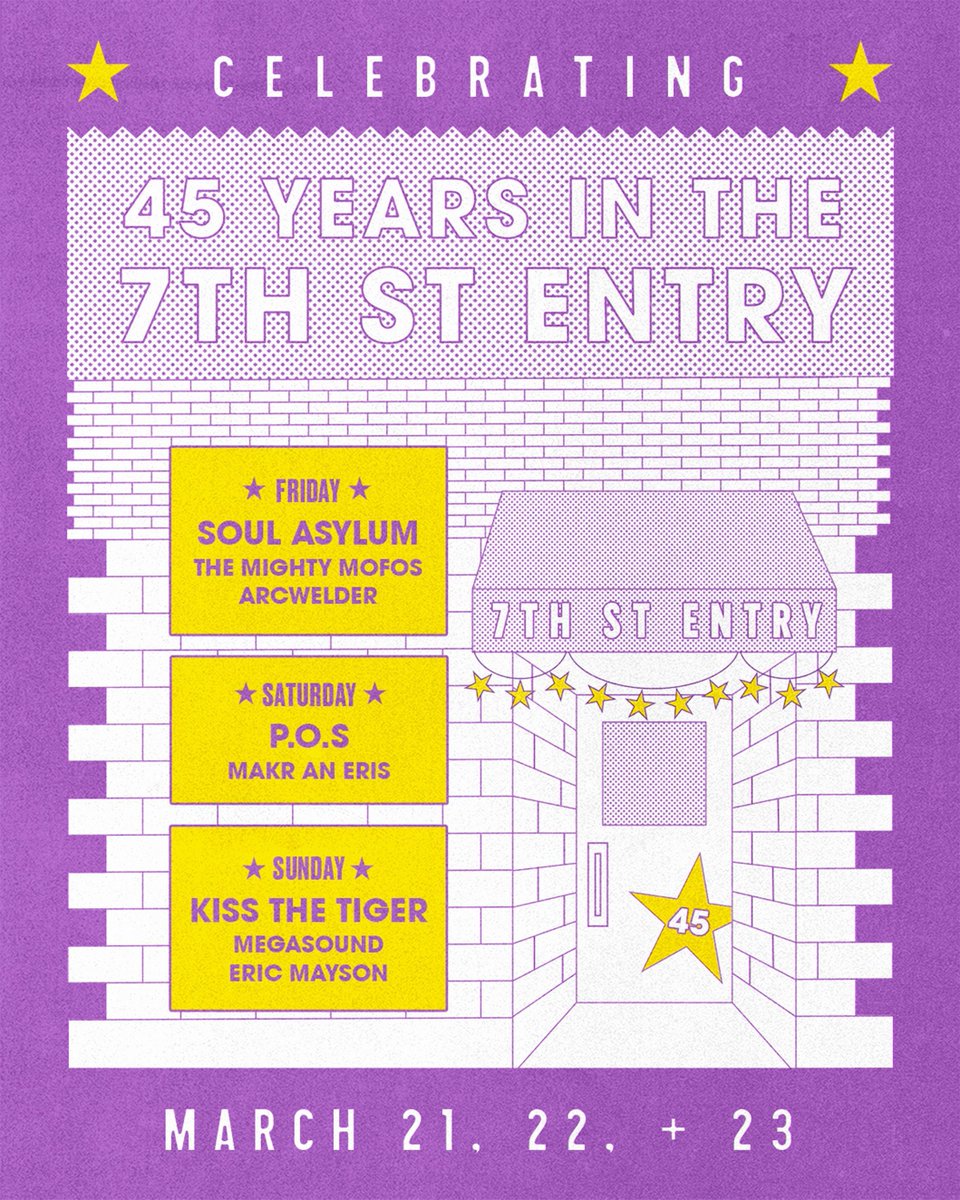 First Avenue (@firstavenue) on Twitter photo 7th St Entry is turning 45! Celebrate the venue's 45th anniversary with 3 nights of local music 🎙️
⭐️ March 21: <a href="/soulasylum/">Soul Asylum</a> with The Mighty Mofos and Arcwelder
⭐️ March 22: P.O.S. with MAKR AN ERIS
⭐️ March 23: <a href="/kissthetiger1/">kissthetiger</a> with Megasound and <a href="/ericmayson/">Eric Mayson</a>
Tix on sale now: 7th St Entry is turning 45! Celebrate the venue's 45th anniversary with 3 nights of local music 🎙️
⭐️ March 21: <a href="/soulasylum/">Soul Asylum</a> with The Mighty Mofos and Arcwelder
⭐️ March 22: P.O.S. with MAKR AN ERIS
⭐️ March 23: <a href="/kissthetiger1/">kissthetiger</a> with Megasound and <a href="/ericmayson/">Eric Mayson</a>
Tix on sale now: