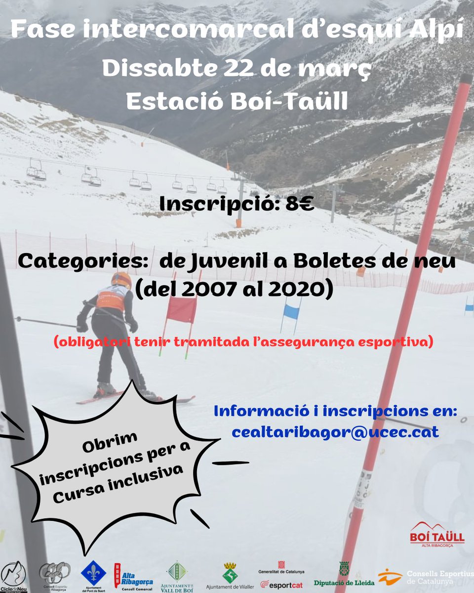 Fase Intercomarcal d’esquí alpí dels Jocs Esportius Escolars de Catalunya que acollirà el Consell Esportiu de l’Alta Ribagorça. 
🗓️dissabte 22 de març 
📍Estació <a href="/boi_taull/">Boí Taüll</a>
+ Info i inscripcions a cepallarsjussa.cat 
#consellsesportius #esportescolar #esportpopular