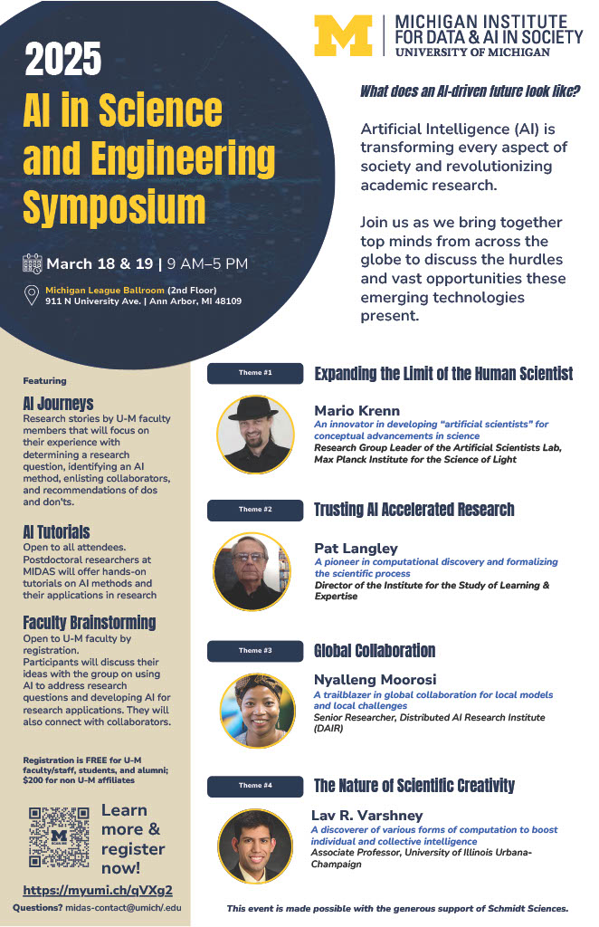 Looking to learn more about the applications of AI in research? Hear from world-class researchers about their projects and vision for artificial intelligence at the 2025 AI in Science and Engineering Symposium. Learn more and register with the QR code below.