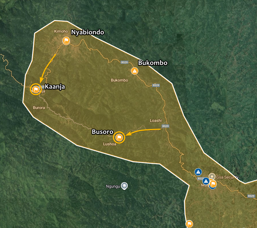 Intelynx's tweet photo. 🇨🇩 #DRC | The #M23 rebels continued advancing in both North and South Kivu provinces. They expanded their control around #Nyabiondo, which they captured yesterday, taking over #Kaanja and #Busoro. In the south, they advanced into #Kaziba chiefdom and captured #Mushenyi. https://t.co/jlPIcjP3wW