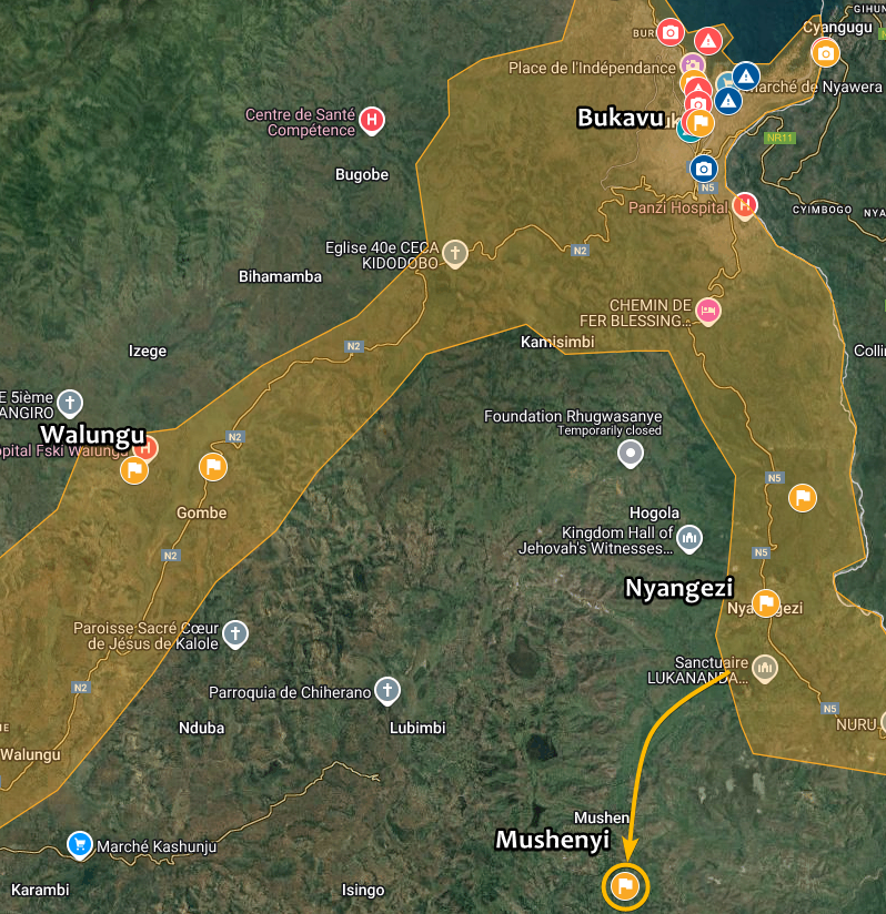 Intelynx's tweet photo. 🇨🇩 #DRC | The #M23 rebels continued advancing in both North and South Kivu provinces. They expanded their control around #Nyabiondo, which they captured yesterday, taking over #Kaanja and #Busoro. In the south, they advanced into #Kaziba chiefdom and captured #Mushenyi. https://t.co/jlPIcjP3wW
