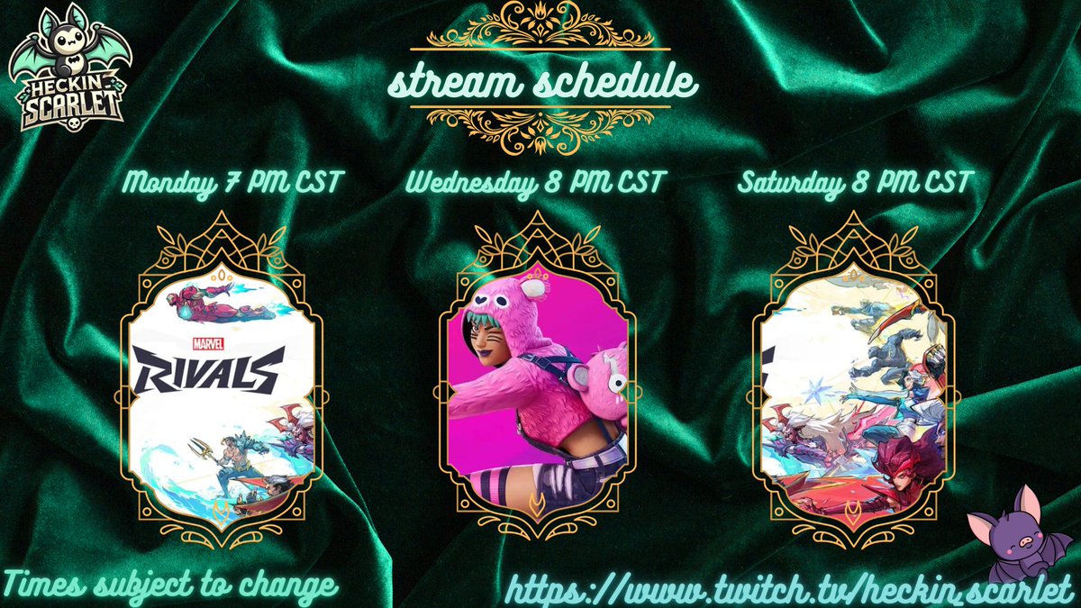 This week's schedule! #Fortnite #twitchstreamer #MarvelRivals #gamergirl