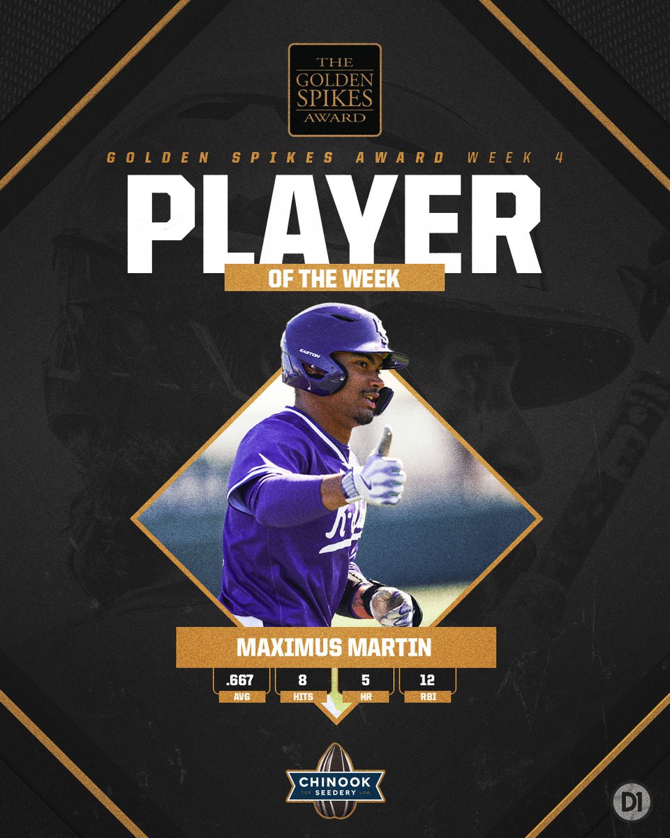 Golden Spikes Award (@usagoldenspikes) on Twitter photo 5⃣ homers and 1️⃣2️⃣ RBIs in a weekend will get ya in the national spotlight. <a href="/MaximusMartin8/">Maximus Martin</a> has been named the #GoldenSpikes Player of the Week.
📰usabaseball.com/news/kansas-st… 5⃣ homers and 1️⃣2️⃣ RBIs in a weekend will get ya in the national spotlight. <a href="/MaximusMartin8/">Maximus Martin</a> has been named the #GoldenSpikes Player of the Week.
📰usabaseball.com/news/kansas-st…