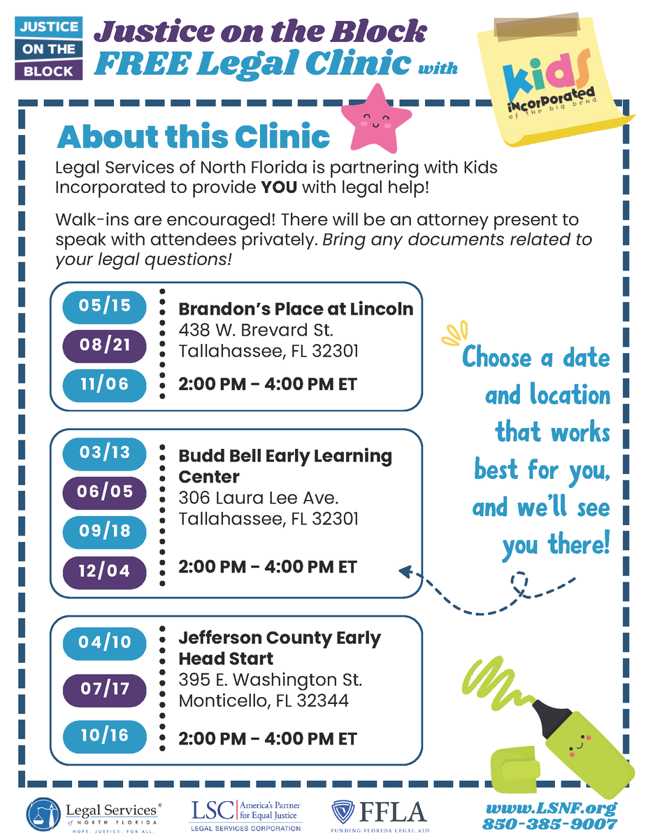 KidsIncBB's tweet photo. FREE LEGAL CLINICS May thru December! Legal Services of North Florida is partnering with Kids Incorporated to provide YOU with legal help. Walk-ins are encouraged! An attorney will speak with attendees privately. Bring any documents related to your legal questions. https://t.co/Ne4ZeURrtO