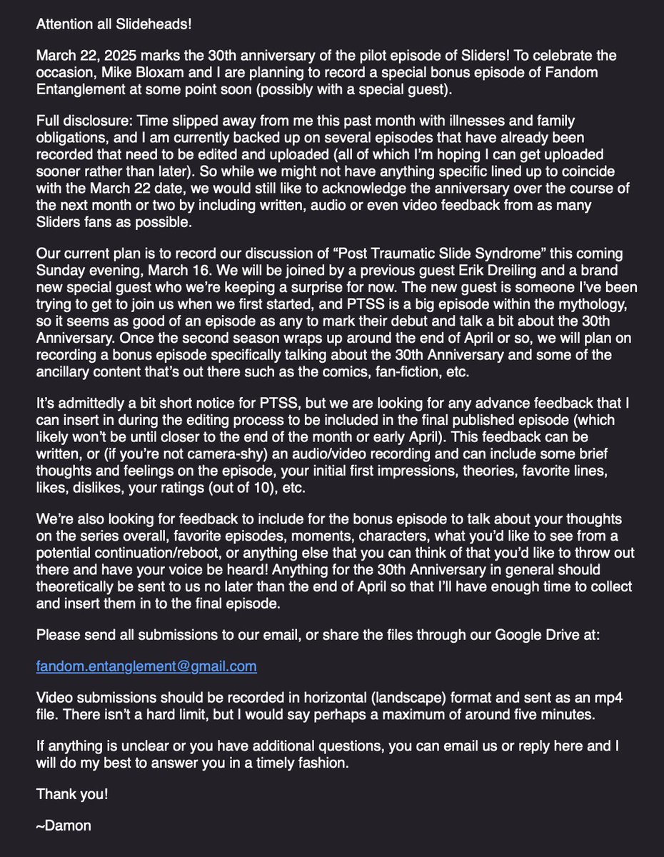 A message from the Sliders podcast Fandom Entanglement. youtube.com/@FandomEntangl… They would like your feedback for Sliders in general. Their email is below.