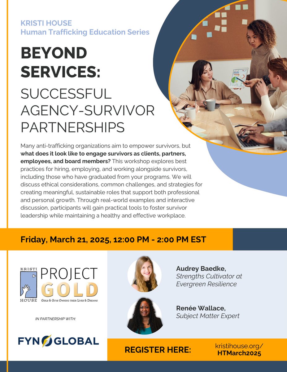 New training added! Register now for "Beyond Services: Successful Agency-Survivor Partnerships," taking place on Friday, March 21, from 12:00 PM to 2:00 PM EST.

kristihouse.org/HTMarch2025