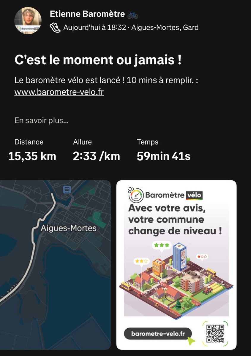 Avez-vous pensé à vous remettre au sport 🏃‍♂️ avant l'été ?

Ca tombe bien, avec Strava on peut partager des images incroyables et des envolées lyriques exceptionnelles en description. 😁👍
#BarometreVelo2025