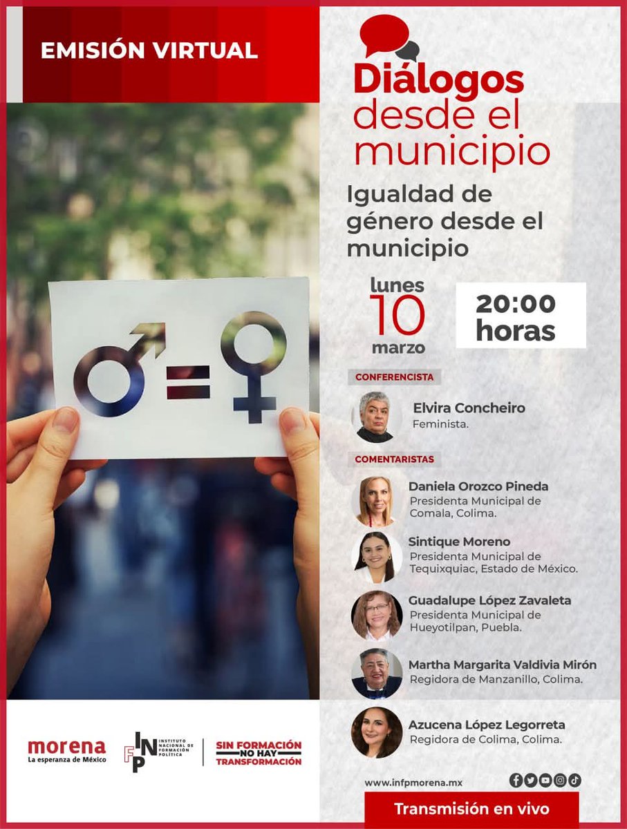 Formación Política para el Pueblo en ls Municipios (@pfm_morena) on Twitter photo Les esperamos hoy a las 8 pm en nuestro programa Diálogos desde el municipio, para conocer los avances de la igualdad de género desde los municipios. Contaremos con la participación de <a href="/elviraconcheiro/">Elvira Concheiro Bórquez</a> (feminista), acompañada de presidentas y regidoras municipales. <a href="/infpmorena/">INFP Morena</a> Les esperamos hoy a las 8 pm en nuestro programa Diálogos desde el municipio, para conocer los avances de la igualdad de género desde los municipios. Contaremos con la participación de <a href="/elviraconcheiro/">Elvira Concheiro Bórquez</a> (feminista), acompañada de presidentas y regidoras municipales. <a href="/infpmorena/">INFP Morena</a>