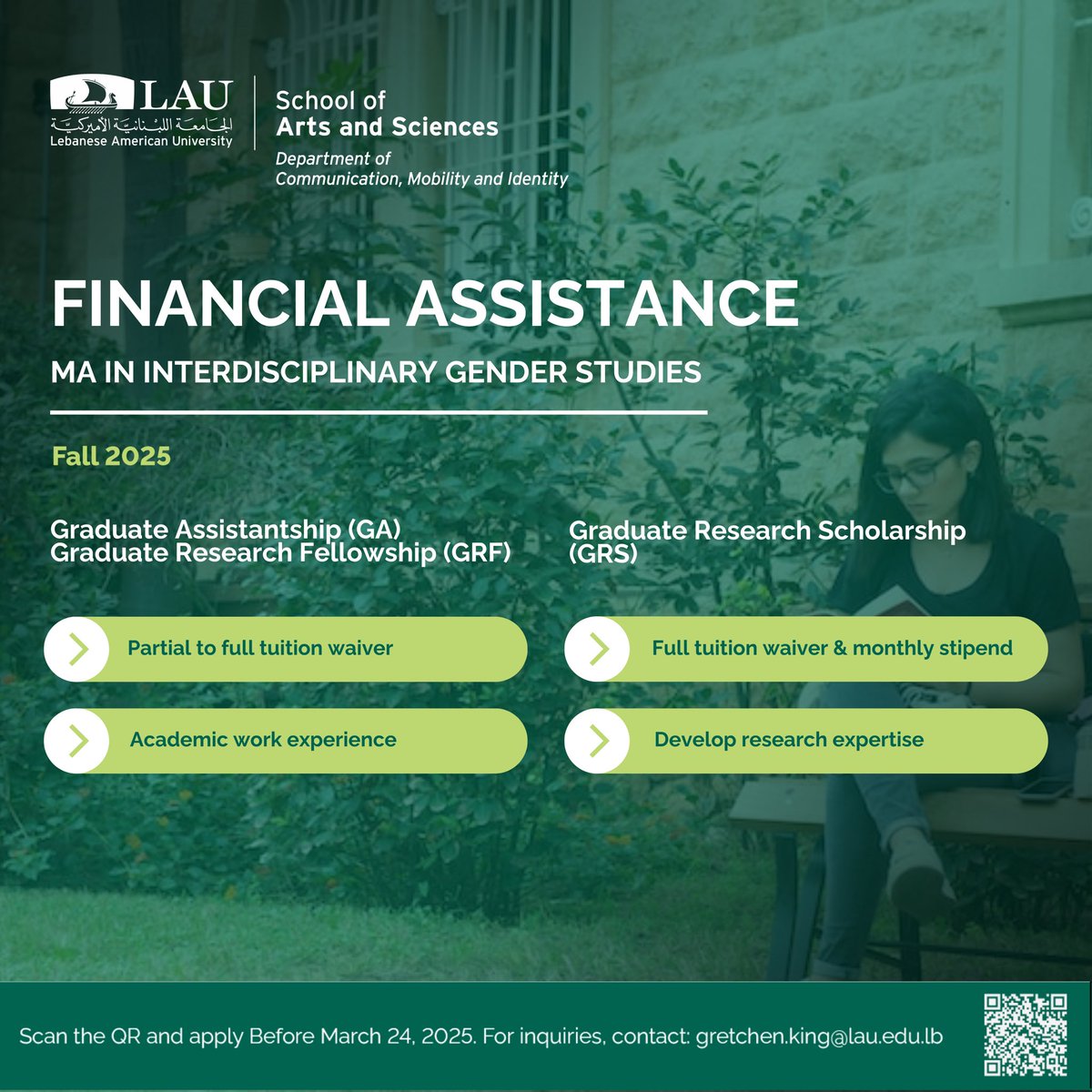 🚨 Funding Alert! 🚨

Thinking about pursuing an MA in Interdisciplinary Gender Studies? LAU offers Graduate Assistantships, Research Fellowships, and Scholarships with partial to full tuition waivers and even monthly stipends!

📅 Deadline: March 24, 2025
📍 Fall 2025 Intake