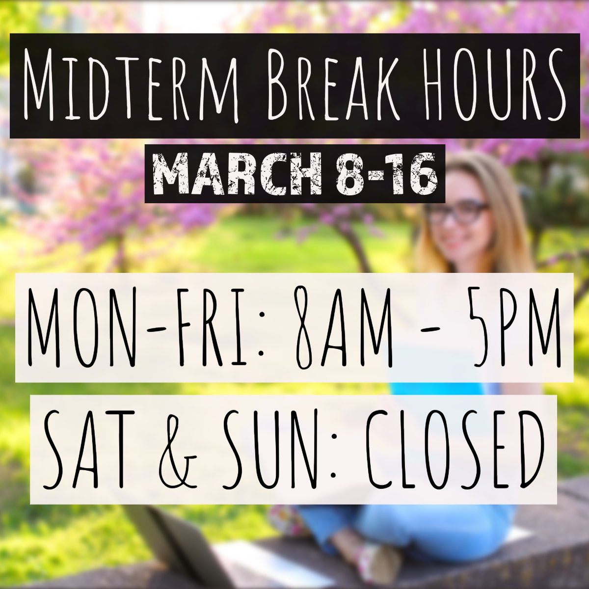 ConnLibrary's tweet image. We know its Midterm Break, but if you are in Wayne, feel free to stop by and see us Mon-Fri, 8am-5pm. We will be closed this coming weekend before classes resume on Mon, Mar 17.

#SpringBreak #ConnLibrary #LibraryHours