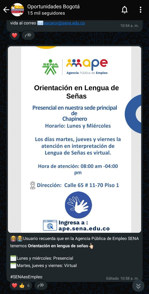 Jhovan87's tweet photo. (1)Saludos, la semana pasada fui al SENA Chapinero por la publicidad de "Orientación en Lengua de Señas" que vi en canales por Whatsapp que se llaman "Oportunidades Bogotá". Al llegar, me dijeron que no existe ese servicio. Varias personas sordas fuimos y nadie supo ayudarnos. https://t.co/wN14FsgJZ9